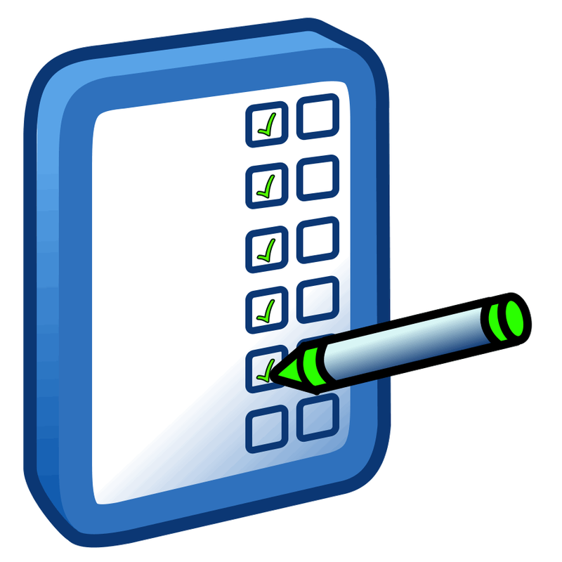 A white rectangle with a blue outline. It has two columns of boxes. A green crayon is checking some of the boxes.